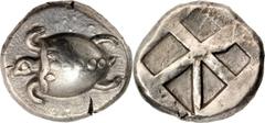 AEGINA. AR Stater (12.26 gms), ca. 480-457 B.C. cf.Milbank-pl.1 #13; cf.SNG Delpierre-1762; cf.SNG Lockett-1970; cf.BMC-11.132, 85. Sea turtle (Chelone Caouana) or common loggerhead turtle of the Medi