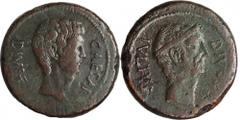 Octavian & Divus Julius Caesar. AE Sestertius (17.77 gms), Italian Mint, ca. 38 B.C. Cr-535/1; RPC-620. "CAESAR DIVI F" Head of Octavian right; Reverse: "DIVOS IVLIVS" Laureate head of Julius Caesar r
