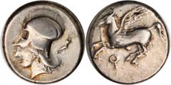 Corinth CORINTHIA. Corinth. AR Stater (8.57 gms), ca. 405-345 B.C. Calciati-135. Pegasus flying left, Koppa below; Reverse: Athena bust right wearing Corinthian helmet, seated dog to the right. Obvers