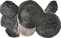 BYZANTINE. Bronze Coins. 7 pieces in lot. Includes: John VI silver Basilikon, Andronicus I bronze Trachy and AE Follis of Leo VI. Other minor Bronzes are also included. Should be examined. SOLD AS IS/