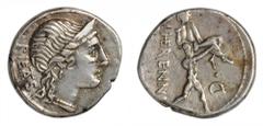ROMAN REPUBLIC ROMAN REPUBLIC. AR Denarius (3.90 gms), Rome Mint, ca. 108/7 B.C. S-185; CR-567.  Diademed head of Pietas right; Reverse: One of the Catanaean brothers running right bearing his father 