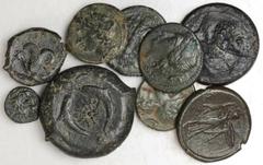 MIXED LOTS. Greek. Bronze Issues. 9 pieces in lot. A grouping of Magna Graecia bronze pieces, specifically from Syracuse, Akragas, Bruttium and Rhegium. Should be examined. SOLD AS IS/NO RETURNS. Aver
