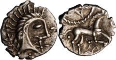 BRITANNIA. Celtic Britain. Iceni. AR Unit (1.24 gms). VA-790-1. Celticized head right; Reverse: Celticized horse right. BOLD VERY FINE.