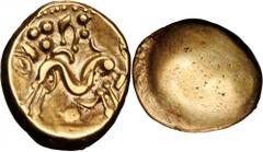 CELTIC BRITAIN. Gallo-Belgic Issues. Ambiani. AV Stater (6.21 gms), ca. 65 B.C. S-11; VA-50-1. Blank; Reverse: Tall disjointed horse right, pellet below. Imported from Northern Gaul (Belgium). VERY FI