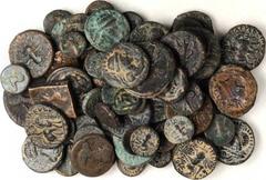 Kushan & Baktrian Bronze Issues. Approximately 68 pieces in lot. A study group of Kushan and Baktrian bronze pieces. A pleasing variety present. Some verdigris or other minor surface issues may be pre