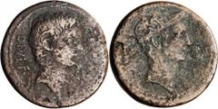 OCTAVIAN. Octavian & Divus Julius Caesar. AE Sestertius (25.40 gms), Italian Mint, ca. 38 B.C. Cr-535/1; S-1569. "CAESAR DIVI F" Bare head of Octavian right; Reverse: "DIVOS IVLIVS" Laureate head of J