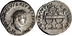 TITUS, A.D. 79-81. AR Denarius (3.38 gms), Rome Mint, A.D. 79-80. RIC-25a. Laureate head of Titus right; Reverse: Wreath on two curule chairs. Struck after the eruption of Mount Vesuvius. This coin's 