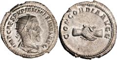 PUPIENUS, A.D. 238. AR Antoninianus (2.85 gms), Rome Mint. cf.RIC-IV pg. 173 (Obv.); cf.RIC-IV pg. 170, #10 (Rev.). Radiate, draped and cuirassed bust of Pupienus right; Reverse: "CONCORDIAAVGG", clas