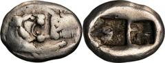 LYDIA. Kroisos, 561-546 B.C. AR Siglos (5.26 gms), ca. 561-546 B.C. Rosen-665. Confronted foreparts of lion and bull; Reverse: Two incuse square punches of unequal size. FINE.