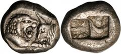 LYDIA. Kroisos, 561-546 B.C. AR 1/3 Stater (3.42 gms), ca. 561-546 B.C. Rosen-666. Confronted foreparts of lion and bull; Reverse: Two incuse square punches of unequal size. Well struck, bold. EXTREME