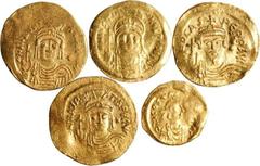 MIXED LOTS. Byzantine. Gold Issues, ca. A.D. 527-610. S-140, 425, 481 & 620. 5 pieces in lot. A grouping of Byzantine gold pieces, including issues from Justinian I, Tiberius II Constantine, Maurice T