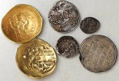 BYZANTINE. Gold & Silver Issues. 6 pieces in lot. A grouping of (2) gold issues and (4) silver issues. One of the silver issues is a Genoese issue in imitation of a Byzantine type. One of the gold pie