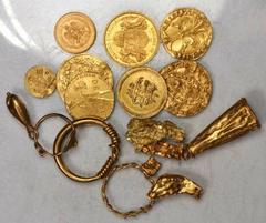 MIXED LOTS. World Gold Coins & Ornaments, ca. 1684-1909. 15 pieces in lot. A varied grouping of mostly Ducat-sized gold coins from six countries and a small selection of gold ornaments, as well as a s