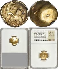 CELTIC BRITAIN. Atrebates. AV Stater (5.91 gms), ca. 55-45 B.C. S-39; VA-216-1. Blank; Reverse: Disjointed horse right with triple tail, spoked wheel below. NGC Ch VF, Strike: 4/5 Surface: 3/5. PCGS# 
