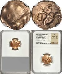 CELTIC BRITAIN. Corieltauvi. AV Stater (5.46 gms), ca. 55-45 B.C. cf.S-391; VA-817. South Ferriby type. Blank; Reverse: Disjointed horse left with tail, spoked wheel below. Nice rose toning. NGC EF, S