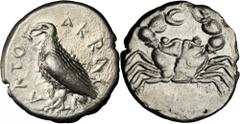 SYRIA. Akragas. AR Didrachm (8.35 gms), ca. 510-500 B.C. SNGCop-23; SNGANS-907. Sea eagle standing left, closed wings; Reverse: Crab. Well struck on a broad flan, showing full legends. Somewhat bright