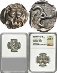 LYCIA. Dynasts of Lycia. Mithrapata, ca. 390-370 B.C. AR Stater (9.55 gms). SNGvonAulock-4241. Lion's scalp facing; Reverse: Large triskeles, dolphin below, Lycian legend around. Some toning. Lovely a