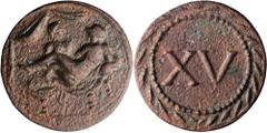 When in Rome "Si Fueris Romae" TIME OF TIBERIUS. AE Tessera (Erotic Spintra) (4.57 gms). cf.Simonetta Riva-Obv. Scene 9, Rev. Scene 6D; Buttrey-Obv. 11/XV. Erotic scene, man kneeling between the legs 