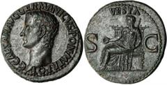CALIGULA, A.D. 37-41. AE As (11.75 gms), Rome Mint, ca. A.D. 37-38. RIC-38; S-1803. Bare head of Caligula left; Reverse: Vesta seated left with patera and scepter. Sharp struck. Wonderful detail. Love