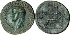 CALIGULA, A.D. 37-41. AE As (10.85 gms), Rome Mint, ca. 40-41 A.D. RIC-54. Bare head of Caligula left; Reverse: Vesta seated left holding patera and scepter. Appealing apple green patina with earthen 