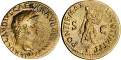 NERO, A.D. 54-68. AE As (7.43 gms), Rome Mint, ca. A.D. 64. RIC-210. Laureate head of Nero right; Reverse: Nero depicted as Apollo Citharoedus advancing right. Lovely golden-brown Tiber patina. EXTREM