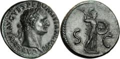 DOMITIAN AS CAESAR, A.D. 69-81. AE As (11.76 gms), Rome Mint, ca. A.D. 80. RIC (Titus)-311. Laureate head of Domitian facing right; Reverse: Minerva in fighting stance advancing right holding spear an