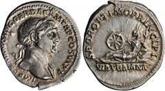 TRAJAN, A.D. 98-117. AR Denarius (3.55 gms), Rome Mint, ca. A.D. 112-114. RIC-266. Laureate head of Trajan facing right, slight drapery on left shoulder; Reverse: Goddess (Via Traiana) reclining left 