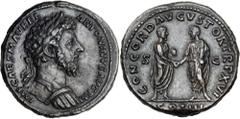 MARCUS AURELIUS, A.D. 161-180. AE Sestertius (26.68 gms), Rome Mint, ca.161-162. cf.RIC-827. Laureate, draped and cuirassed bust of Marcus Aurelius right; Reverse: Marcus Aurelius standing right holdi