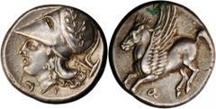 CORINTHIA. Corinth. AR Stater (8.61 gms), ca. 345-307 B.C. Calciati-439/1. Pegasus flying left, koppa below; Reverse: Head of Athena left wearing Corinthian helmet, "Gamma" and "P" below, plow behind.