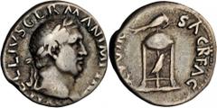 VITELLIUS, A.D. 69. AR Denarius (3.39 gms), Rome Mint. RIC-86. "A VITELLIVS GERMANICVS IMP", laureate bust of Vitellius facing right; Reverse: "XV VIR SACR FAC", tripod-lebes altar with dolphin above 