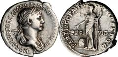 TRAJAN, A.D. 98-117. AR Denarius (3.17 gms), Rome Mint, A.D. 114-117. RIC-361. "IMP CAES NER TRAIAN OPTIM AVG GERM DAC", laureate and draped bust of Trajan facing right; Reverse: "PARTHICO P M TR P CO