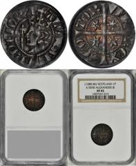 SCOTLAND SCOTLAND. Penny, ND (1280-86). Alexander III (1249-1286). NGC EF-45. S-5053. Clear portrait with dark overall color, but with brilliant reds, amber, and green hidden in the recesses of the Ki