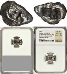LYDIA. Kroisos, 561-546 B.C. AR Silgos (Half-Stater) (4.88 gms), Croesus, 561-546 B.C. Rosen-665.  Lion facing bull; Reverse: Double or bipartite incuse square.  Attractive grey toning. NGC VERY FINE,