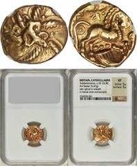 Trinovantes CELTIC BRITAIN. Trinovantes. AV Stater (5.47 gms), Addedomaros (ca. 37-33 B.C.). S-201; VA-1620-1. Six-armed spiral; Reverse: Celticized horse right, cornucopia below. Lovely hue, nearly r