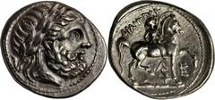 Philip II, 359-336 B.C MACEDON. Kingdom of Macedon. Philip II, 359-336 B.C. AR Tetradrachm (14.26 gms), Amphipolis, Early Posthumous Issue, ca. 315-294 B.C. cf.LeRider-pl.47#21. Laureate head of Zeus 