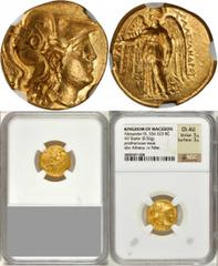 Alexander III (the Great), 336-323 B.C MACEDON. Kingdom of Macedon. Alexander III (the Great), 336-323 B.C. AV Stater (8.56 gms), Amphipolis Mint, ca. 280-270 B.C. Pr-609. Head of Athena right, wearin