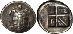 Aegina AEGINA. AR Stater (12.08 gms), ca. 404-340 B.C. Milbank-pl. III#1; BMC-11.141,188. Land turtle (Testudo Graeca) in high relief with thirteen plates, a clear border around the shell, the two fro