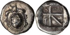 Aegina AEGINA. AR Drachm (5.63 gms), ca. 404-340 B.C. Milbank-pl. III#5; BMC-11.142,196. "A - I" at either side of a Land turtle (Testudo Graeca) in high relief with thirteen plates, a clear border ar