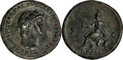 Nero, A.D. 54-68 NERO, A.D. 54-68. AE Sestertius (26.21 gms), Rome Mint, ca. A.D. 65. RIC-275. "NERO CLAVDIVS CAESAR AVG GER P M TR P IMP P P" Laureate bust of Nero facing right wearing aegis; Reverse
