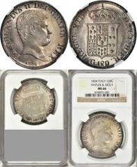 ITALY ITALY. Naples & Sicily. 120 Grana, 1834. Ferdinando II di Borbone (1830-59). NGC MS-66. MIR-499/4; Montenegro 748; Gigante-58; KM-309. Finest seen at NGC and PCGS by two points. An absolutely sp