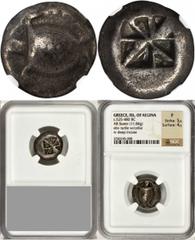 Aegina AEGINA. AR Stater (11.84 gms), ca. 525-480 B.C. Milbank-pl. I#3; BMC-11.126,7. Sea turtle with T-pattern of dots on shell; Reverse: Incuse square of "Union Jack" pattern, one section filled in 