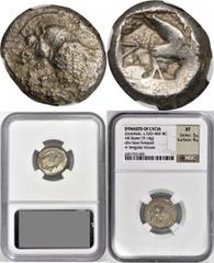 Dynasts of Lycia LYCIA. Dynasts of Lycia. Uncertain Dynast. AR Stater (9.14 gms), ca. 500-475 B.C. SNGCop-368. Forepart of boar; Reverse: Irregular incuse. NGC EF, Strike: 3/5 Surface: 4/5.