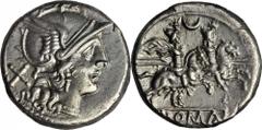 ROMAN REPUBLIC ROMAN REPUBLIC. AR Denarius (4.35 gms), Rome Mint, ca. 207 B.C. Cr-57/2;S-39; Syd-265. Helmeted head of Roma facing right, "X" behind; Reverse: Dioscuri galloping right, star above each