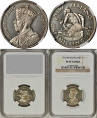 NEW ZEALAND NEW ZEALAND. Shilling, 1935. George V (1911-35). NGC PROOF-65 CAMEO. KM-3. Mintage of only 364 pieces. The only coin with a cameo designation from either grading service. A little work of 