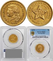 Four-Dollar Gold Stella Eagerly Sought 1879 Four-Dollar Gold Stella Barber's Popular Flowing Hair Design 1879 Four-Dollar Gold Stella. Flowing Hair. Judd-1635, Pollock-1833. Rarity-3. Gold. Reeded Edg