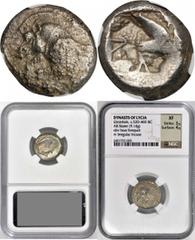 Dynasts of Lycia LYCIA. Dynasts of Lycia. Uncertain Dynast. AR Stater (9.14 gms), ca. 500-475 B.C. NGC EF, Strike: 3/5 Surface: 4/5. SNGCop-368. Forepart of boar; Reverse: Irregular incuse. NGC EF, St