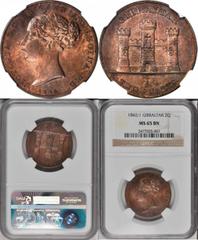GIBRALTAR GIBRALTAR. 2 Quarts, 1842/1. NGC MS-65. KM-3. Mintage of only 48,000 pieces. Stands alone as the finest seen at both PCGS and NGC. An absolutely fabulous example of the coin with luster char