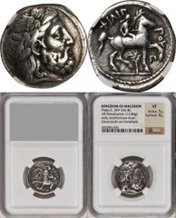 Philip II, 359-336 B.C MACEDON. Kingdom of Macedon. Philip II, 359-336 B.C. AR Tetradrachm (13.86 gms), Amphipolis Mint, ca. 323-315 B.C. NGC VF, Strike: 5/5 Surface: 4/5. LeRider-pl. 46#5. Posthumous