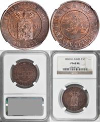 NETHERLANDS EAST INDIES. 2 1/2 Cents, 1858. NGC PROOF-65 RB. KM-308; Buttrey-3B. Unlisted date in proof in Krause, and the only example seen at NGC with none seen at PCGS. A museum quality piece in ev