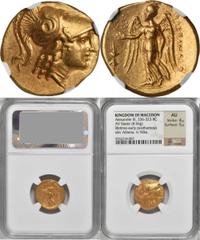 Alexander III (the Great), 336-323 B.C MACEDON. Kingdom of Macedon. Alexander III (the Great), 336-323 B.C. AV Stater (8.56 gms), Macedonia Mint, ca. 330-320 B.C. NGC AU, Strike: 4/5 Surface: 5/5. Pr-